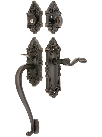 Grandeur Grande Victorian Thumblatch Entrance Set With Portofino Lever - Left-Handed in Oil-Rubbed Bronze.